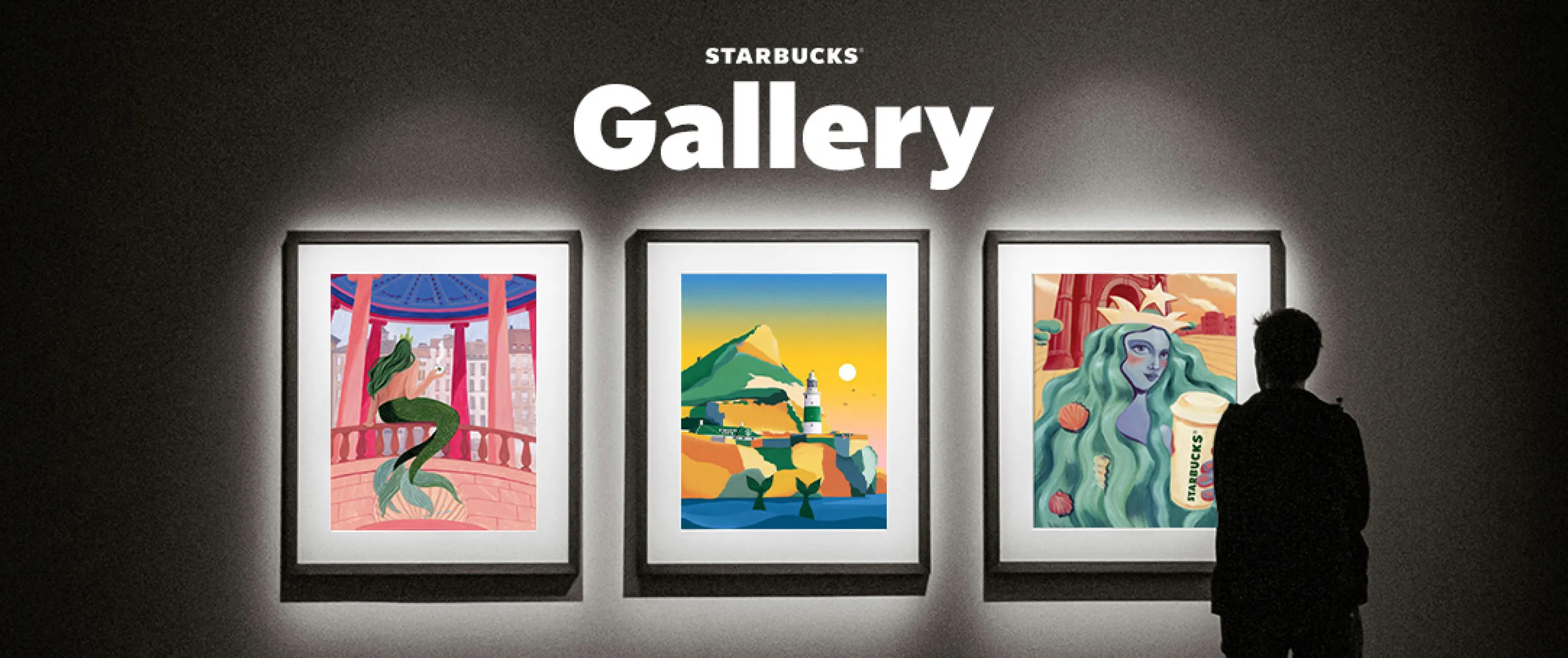 Se ve una pared oscura con 3 cuadros de colores y una persona en un lateral en negativo. Pone Starbucks Gallery