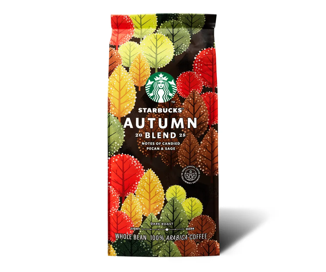 Un paquete del café de temporada Autumn Blend sobre fondo blanco