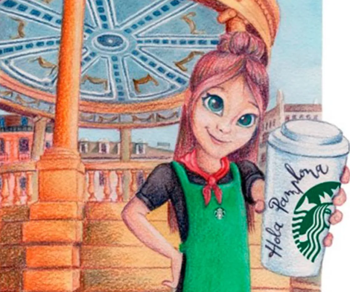 Imagen del detalle de una Ilustración con baristas y vaso en la mano