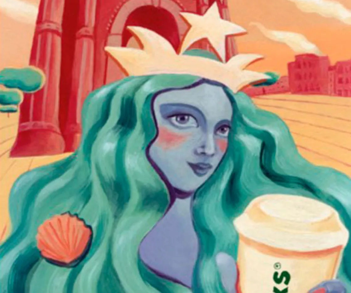 Imagen del detalle de una Ilustración con sirena delante de arco del triunfo para apertura de tienda