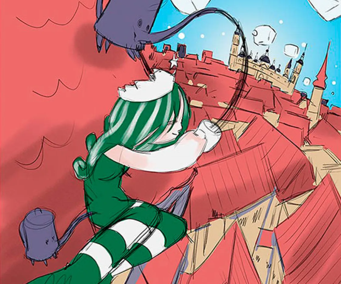 Imagen del detalle de una Ilustración con sirena en tejados para apertura de tienda