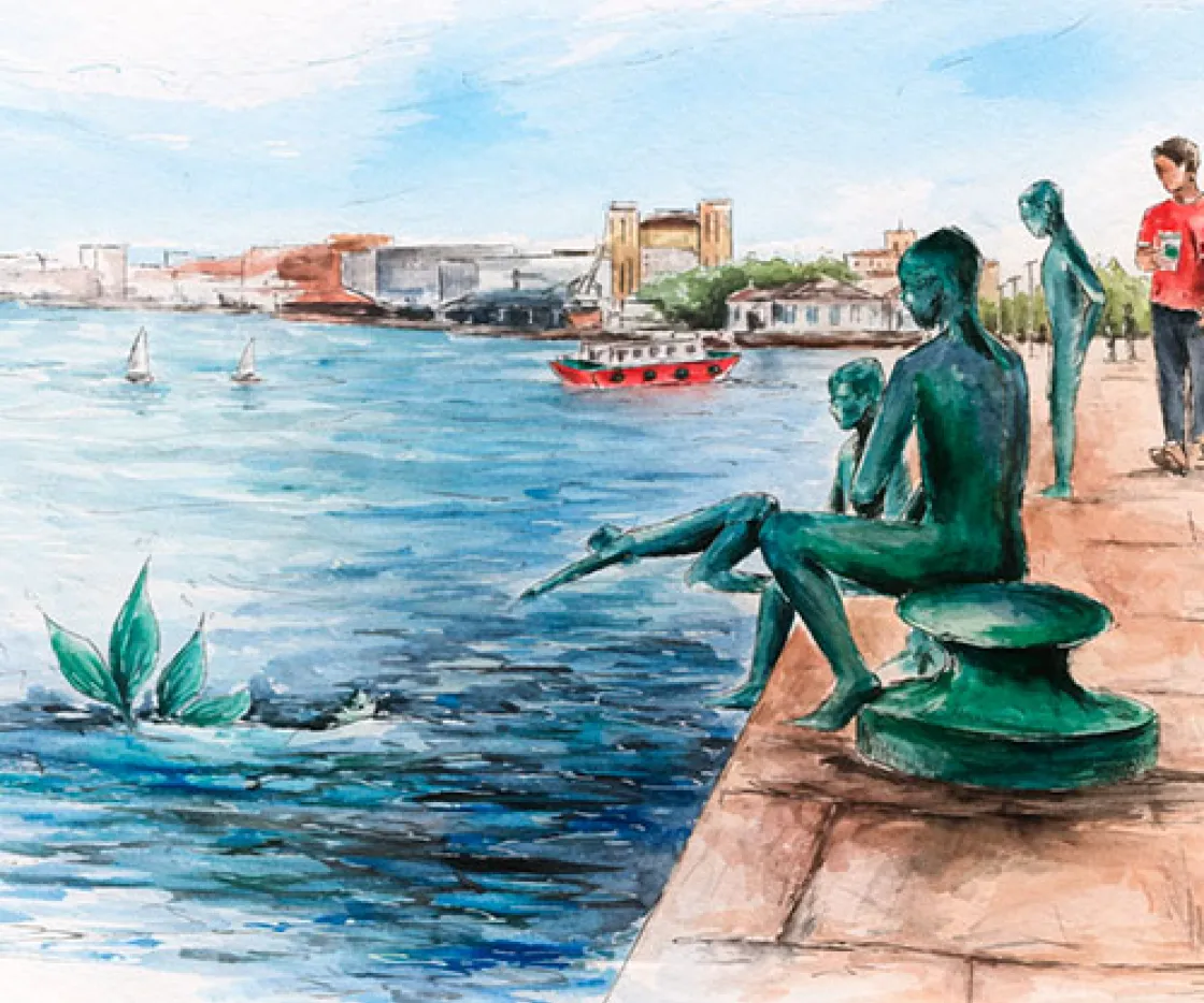 Ilustración de sirena con gente