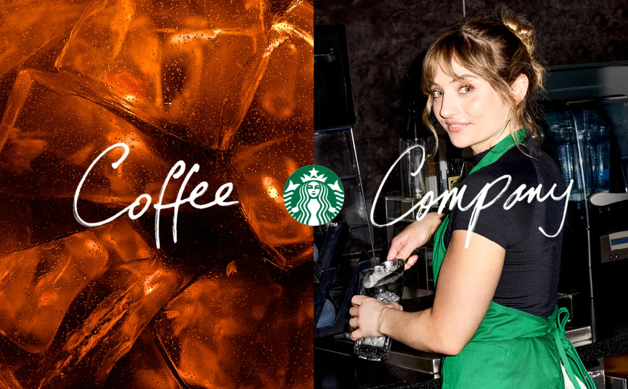 Imagen partida de café y una barista sonriendo a cámara. El texto dice "Coffee Company"