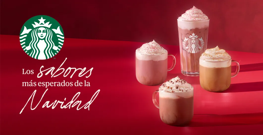 Imagen con fondo rojo y diferentes bebidas, logo de Starbucks y el texto dice Los sabores más esperados de la navidad