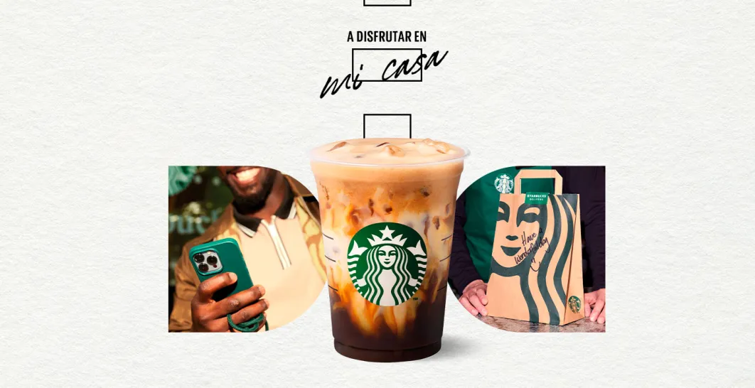 En la imagen se ve un vaso con con una bebida de cafe y dos fotos en los laterales, una de una persona con un teléfono movil y otra de una bolsa de starbucks. Arriba pone "A disfrutar en mi casa"